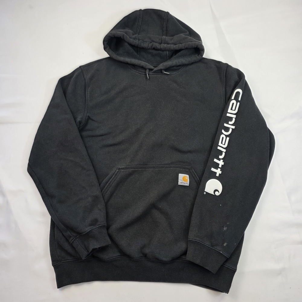 Carhartt Hoodie Mens Medium Black Sleeve Logo Pullover Sweatshirt K288